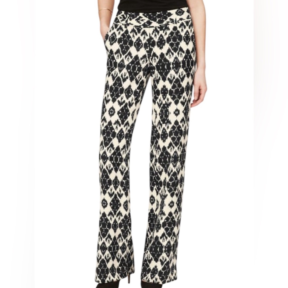LOFT Julie Trousers Size 4 Ikat Print Black Cream Linen Blend Pants